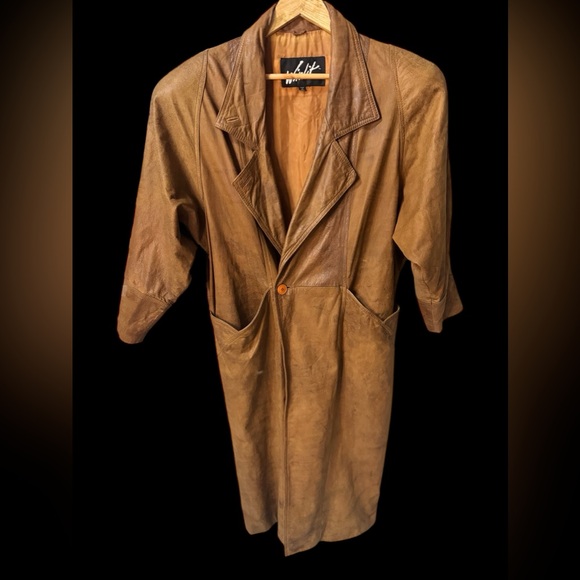 VINTAGE 1989 WINLIT BROWN‎ LEATHER DOUBLE BREAST TRENCH COAT SIZE MEDIUM - Picture 2 of 13